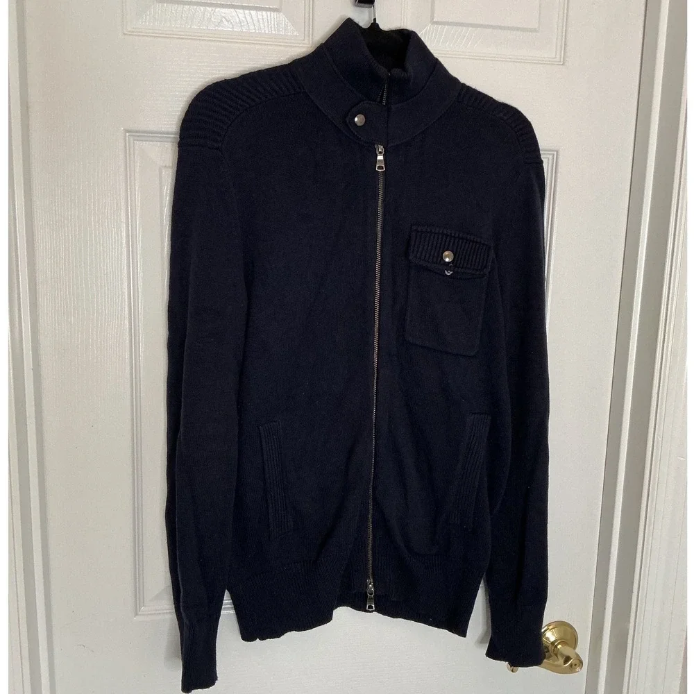 Banana Republic Mens Navy Blue Full Zip Mock Neck Sweater Small Ribbed Shoulder